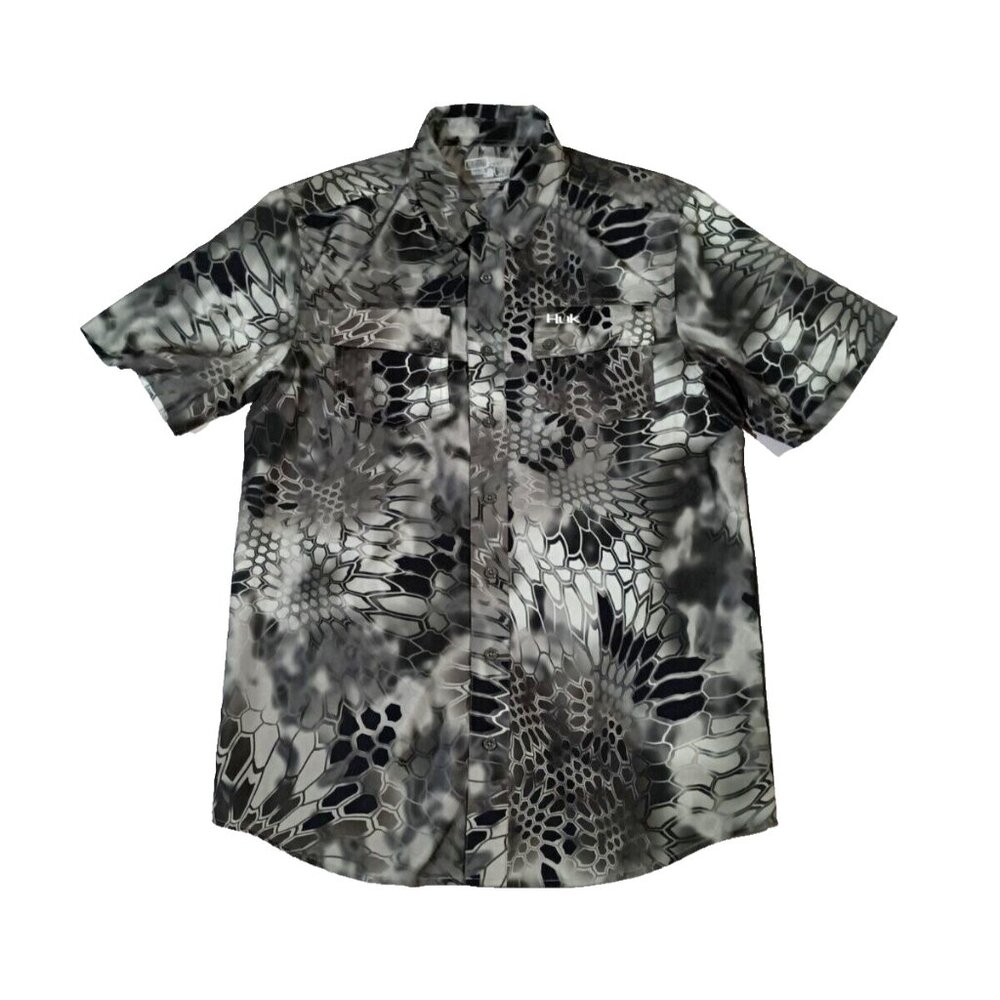 HUK Performance S Mens Black Scales Mesh Back Short Sleeve Pocket Button Up